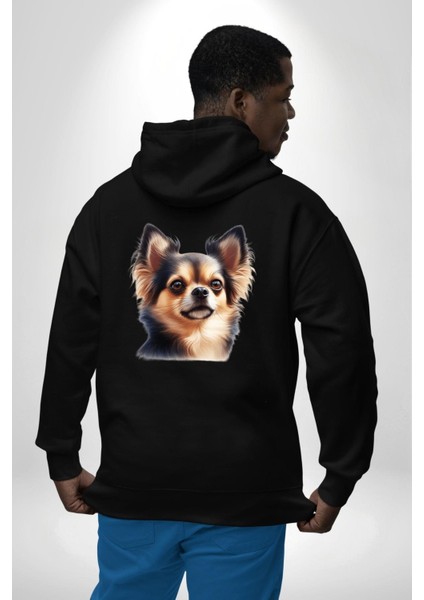 Sevimli Chihuahua Küçük Irk Köpek Siyah Kapüşonlu Sweatshirt Kadın Erkek Ön Minimal Sırt Baskılı modelleri