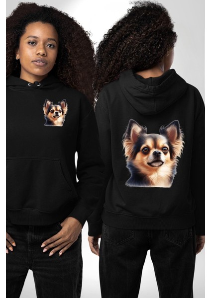 Sevimli Chihuahua Küçük Irk Köpek Siyah Kapüşonlu Sweatshirt Kadın Erkek Ön Minimal Sırt Baskılı fırsatları