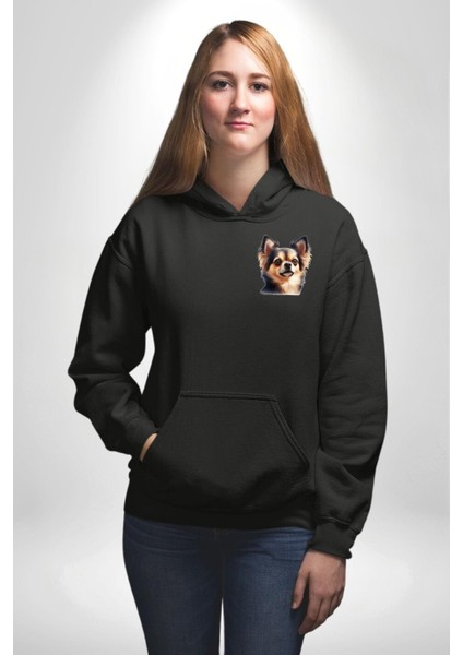 Sevimli Chihuahua Küçük Irk Köpek Siyah Kapüşonlu Sweatshirt Kadın Erkek Ön Minimal Sırt Baskılı indirimleri