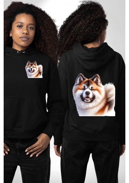 Akita Inu Sadık Köpek Siyah Kapüşonlu Sweatshirt Kadın Erkek Ön Minimal Sırt Baskılı