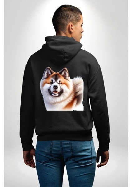 Akita Inu Sadık Köpek Siyah Kapüşonlu Sweatshirt Kadın Erkek Ön Minimal Sırt Baskılı modelleri