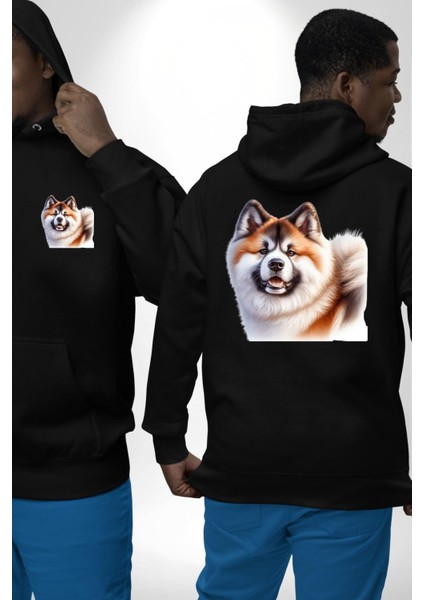 Akita Inu Sadık Köpek Siyah Kapüşonlu Sweatshirt Kadın Erkek Ön Minimal Sırt Baskılı fırsatları