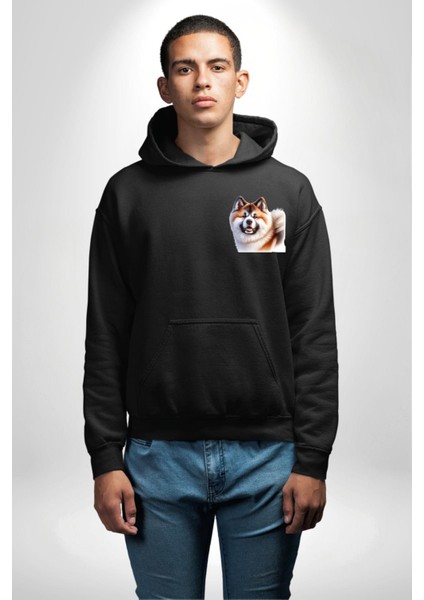 Akita Inu Sadık Köpek Siyah Kapüşonlu Sweatshirt Kadın Erkek Ön Minimal Sırt Baskılı indirimleri
