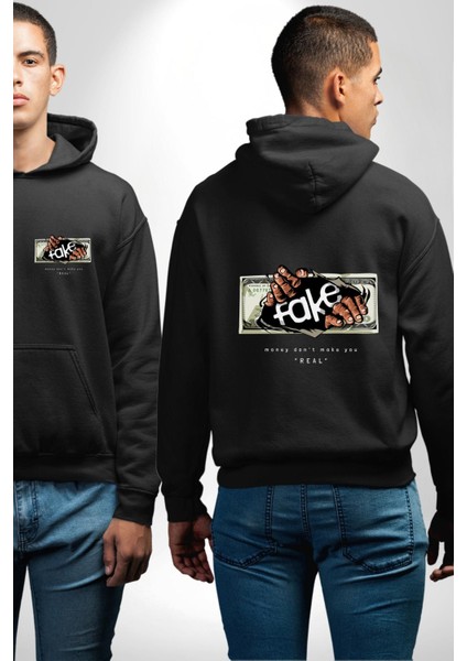Sahte Değer Baskılı Doların Sahteliği Siyah Kapüşonlu Sweatshirt Kadın Erkek Ön Minimal Sırt Baskılı fiyatları