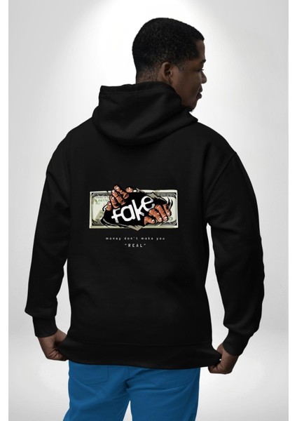 Sahte Değer Baskılı Doların Sahteliği Siyah Kapüşonlu Sweatshirt Kadın Erkek Ön Minimal Sırt Baskılı indirimleri