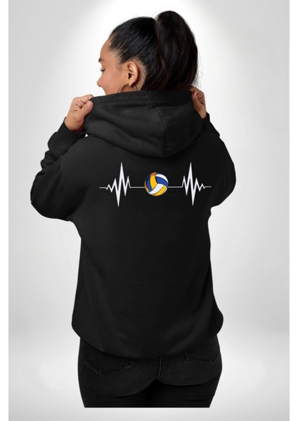 Voleybol Kalp Ritmi Heyecan Siyah Kapüşonlu Sweatshirt Kadın Erkek Ön Minimal Sırt Baskılı modelleri