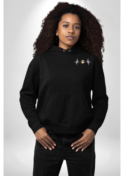 Voleybol Kalp Ritmi Heyecan Siyah Kapüşonlu Sweatshirt Kadın Erkek Ön Minimal Sırt Baskılı indirimleri