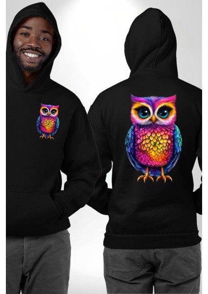 Neon Renkler Baykuş Siyah Kapüşonlu Sweatshirt Kadın Erkek Ön Minimal Sırt Baskılı