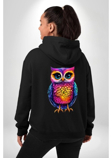 Neon Renkler Baykuş Siyah Kapüşonlu Sweatshirt Kadın Erkek Ön Minimal Sırt Baskılı modelleri