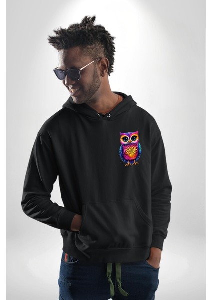 Neon Renkler Baykuş Siyah Kapüşonlu Sweatshirt Kadın Erkek Ön Minimal Sırt Baskılı indirimleri