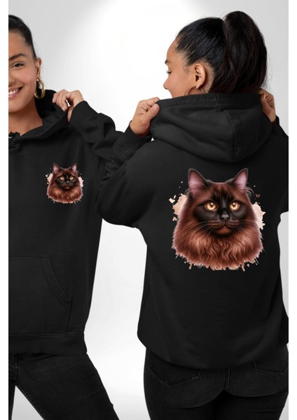 Ragdoll Kedi Siyam Kedisinin Uzun Tüylü Versiyon Siyah Kapüşonlu Sweatshirt Kadın Erkek Ön Minimal Sırt Baskılı
