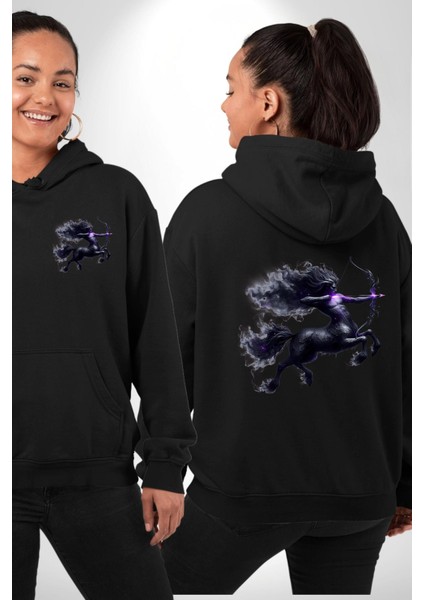 Yay Burçu Özel Tasarım Siyah Kapüşonlu Sweatshirt Kadın Erkek Ön Minimal Sırt Baskılı
