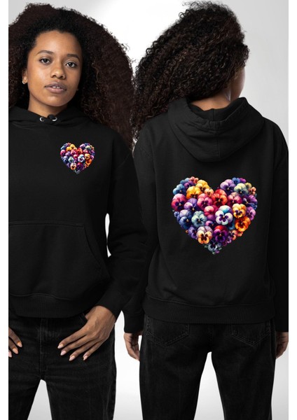 Menekşe Mavi Menekşe Aşkı Siyah Kapüşonlu Sweatshirt Kadın Erkek Ön Minimal Sırt Baskılı