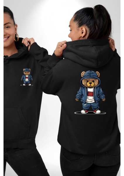 Rahat ve Şık Sporcu Ayıcık Siyah Kapüşonlu Sweatshirt Kadın Erkek Ön Minimal Sırt Baskılı