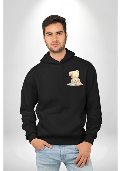 Mavi Çiçek Desenli Kimonolu Sevimli Ayıcık Teddy Siyah Kapüşonlu Sweatshirt Kadın Erkek Ön Minimal Sırt Baskılı fiyatları