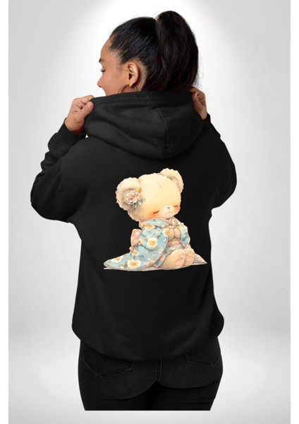 Mavi Çiçek Desenli Kimonolu Sevimli Ayıcık Teddy Siyah Kapüşonlu Sweatshirt Kadın Erkek Ön Minimal Sırt Baskılı modelleri