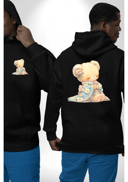 Mavi Çiçek Desenli Kimonolu Sevimli Ayıcık Teddy Siyah Kapüşonlu Sweatshirt Kadın Erkek Ön Minimal Sırt Baskılı fırsatları