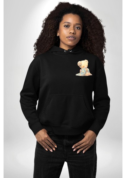Mavi Çiçek Desenli Kimonolu Sevimli Ayıcık Teddy Siyah Kapüşonlu Sweatshirt Kadın Erkek Ön Minimal Sırt Baskılı indirimleri