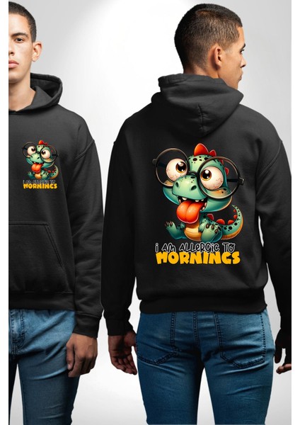 Sabahlara Alerjim Var Yazlı Komik Siyah Kapüşonlu Sweatshirt Kadın Erkek Ön Minimal Sırt Baskılı fırsatları