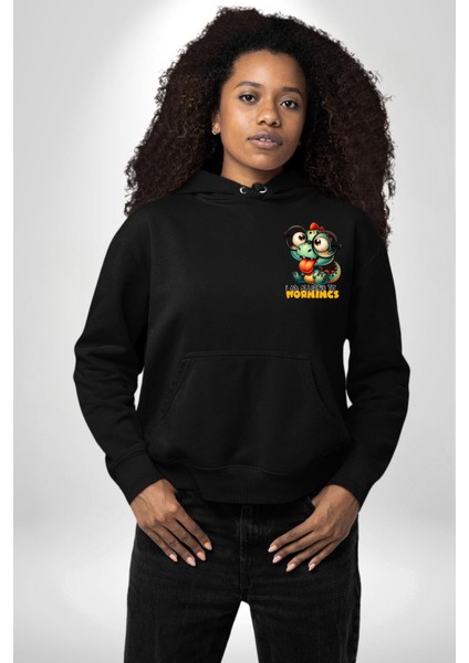 Sabahlara Alerjim Var Yazlı Komik Siyah Kapüşonlu Sweatshirt Kadın Erkek Ön Minimal Sırt Baskılı indirimleri