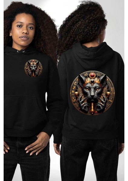 Sekhmet Savaşçı ve Şifa Tanrıçası Mısır Siyah Kapüşonlu Sweatshirt Kadın Erkek Ön Minimal Sırt Baskılı