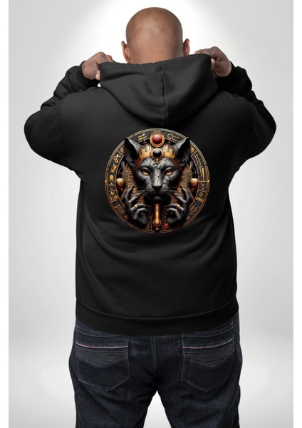 Sekhmet Savaşçı ve Şifa Tanrıçası Mısır Siyah Kapüşonlu Sweatshirt Kadın Erkek Ön Minimal Sırt Baskılı modelleri
