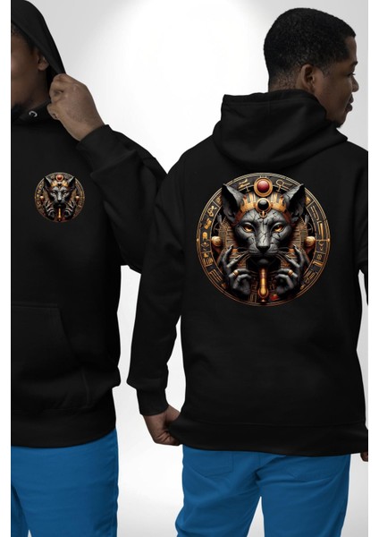 Sekhmet Savaşçı ve Şifa Tanrıçası Mısır Siyah Kapüşonlu Sweatshirt Kadın Erkek Ön Minimal Sırt Baskılı fırsatları