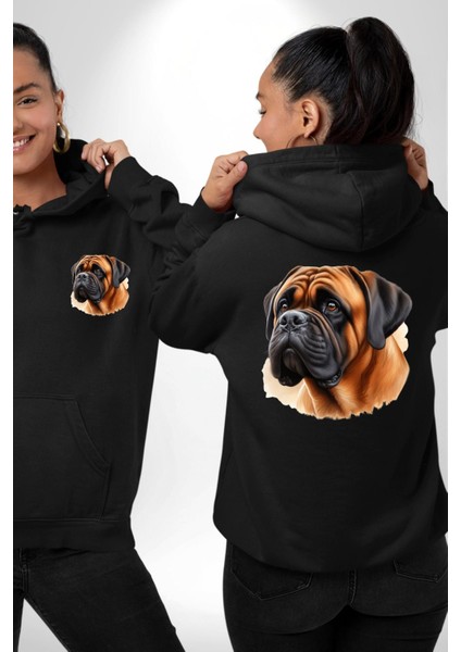 Bullmastiff Köpek Aşkı Siyah Kapüşonlu Sweatshirt Kadın Erkek Ön Minimal Sırt Baskılı