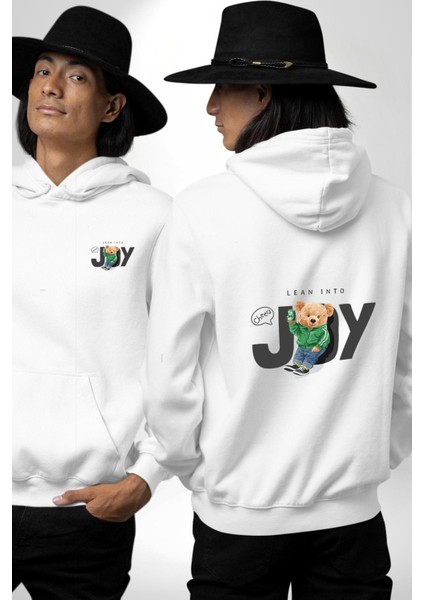 Neşeye Doğru Baskılı Şirin Ayı Tasarım Beyaz Kapüşonlu Sweatshirt Kadın Erkek Ön Minimal Sırt Baskılı