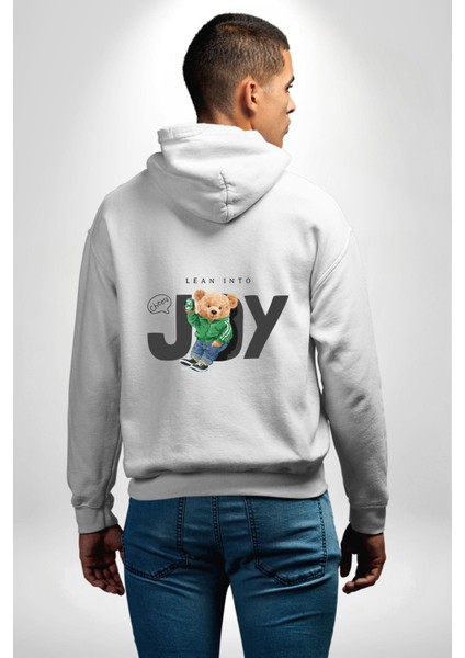 Neşeye Doğru Baskılı Şirin Ayı Tasarım Beyaz Kapüşonlu Sweatshirt Kadın Erkek Ön Minimal Sırt Baskılı modelleri