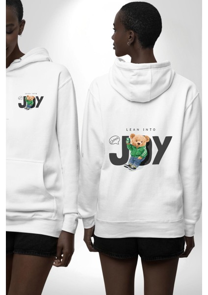 Neşeye Doğru Baskılı Şirin Ayı Tasarım Beyaz Kapüşonlu Sweatshirt Kadın Erkek Ön Minimal Sırt Baskılı fırsatları