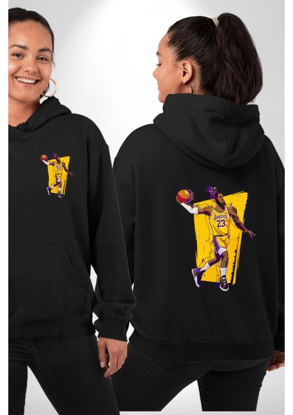 Basketbol Karikatür Özel Tasarım Siyah Kapüşonlu Sweatshirt Kadın Erkek Ön Minimal Sırt Baskılı