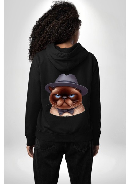 Kedinin Zarif Ciddiyeti Şapka ve Papyon Siyah Kapüşonlu Sweatshirt Kadın Erkek Ön Minimal Sırt Baskılı modelleri