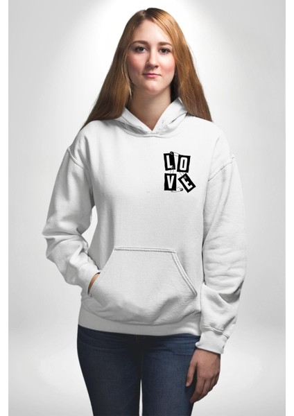 Love Cengelli Iğne Aşk Beyaz Kapüşonlu Sweatshirt Kadın Erkek Ön Minimal Sırt Baskılı fiyatları
