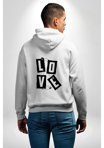 Love Cengelli Iğne Aşk Beyaz Kapüşonlu Sweatshirt Kadın Erkek Ön Minimal Sırt Baskılı modelleri