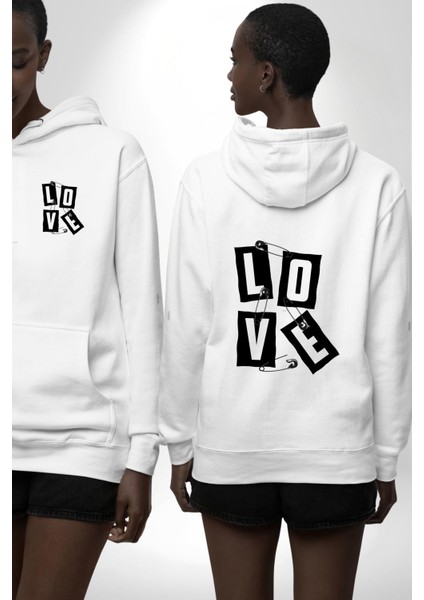 Love Cengelli Iğne Aşk Beyaz Kapüşonlu Sweatshirt Kadın Erkek Ön Minimal Sırt Baskılı fırsatları