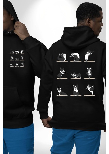 Yoga Yapan Yoga Hareketleri Yapan Köpek Siyah Kapüşonlu Sweatshirt Kadın Erkek Ön Minimal Sırt Baskılı
