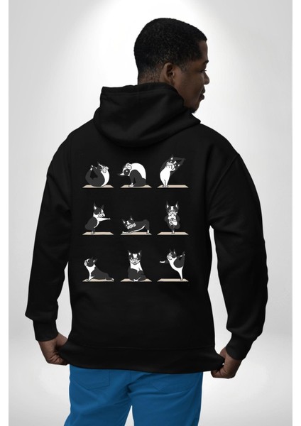 Yoga Yapan Yoga Hareketleri Yapan Köpek Siyah Kapüşonlu Sweatshirt Kadın Erkek Ön Minimal Sırt Baskılı modelleri