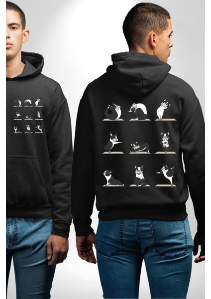 Yoga Yapan Yoga Hareketleri Yapan Köpek Siyah Kapüşonlu Sweatshirt Kadın Erkek Ön Minimal Sırt Baskılı fırsatları