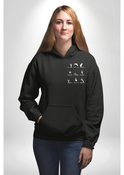 Yoga Yapan Yoga Hareketleri Yapan Köpek Siyah Kapüşonlu Sweatshirt Kadın Erkek Ön Minimal Sırt Baskılı indirimleri
