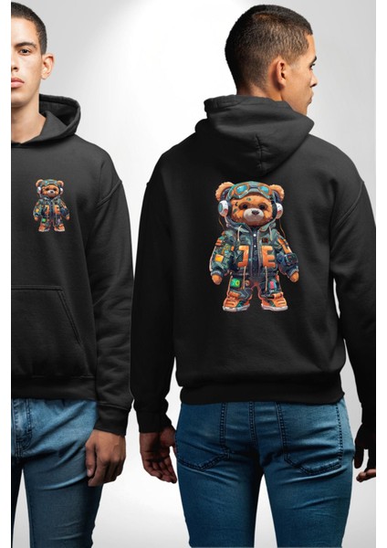 Akıllı Teknoloji Tarzı Ayıcık Siyah Kapüşonlu Sweatshirt Kadın Erkek Ön Minimal Sırt Baskılı