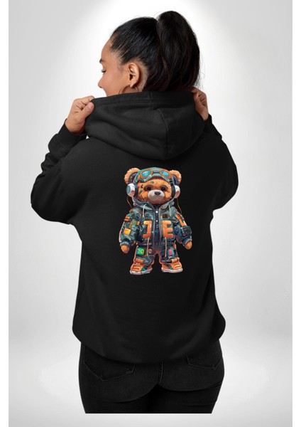 Akıllı Teknoloji Tarzı Ayıcık Siyah Kapüşonlu Sweatshirt Kadın Erkek Ön Minimal Sırt Baskılı modelleri