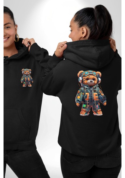 Akıllı Teknoloji Tarzı Ayıcık Siyah Kapüşonlu Sweatshirt Kadın Erkek Ön Minimal Sırt Baskılı fırsatları