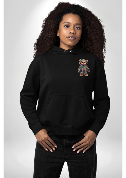 Akıllı Teknoloji Tarzı Ayıcık Siyah Kapüşonlu Sweatshirt Kadın Erkek Ön Minimal Sırt Baskılı indirimleri