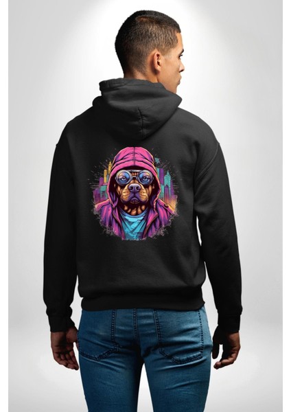 Graffiti Sokak Sanatı Köpek Deseni Siyah Kapüşonlu Sweatshirt Kadın Erkek Ön Minimal Sırt Baskılı modelleri