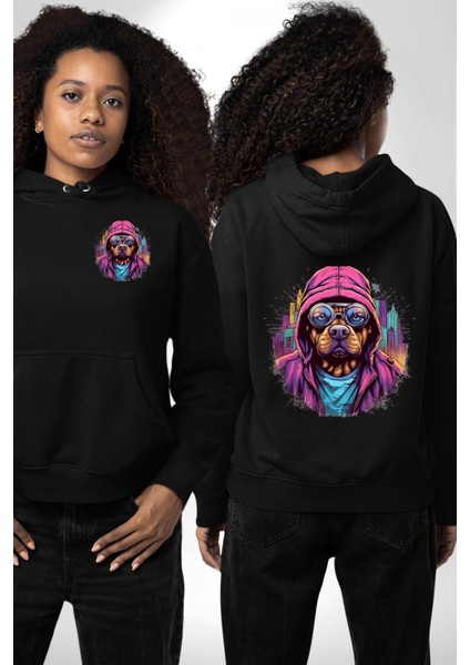 Graffiti Sokak Sanatı Köpek Deseni Siyah Kapüşonlu Sweatshirt Kadın Erkek Ön Minimal Sırt Baskılı fırsatları