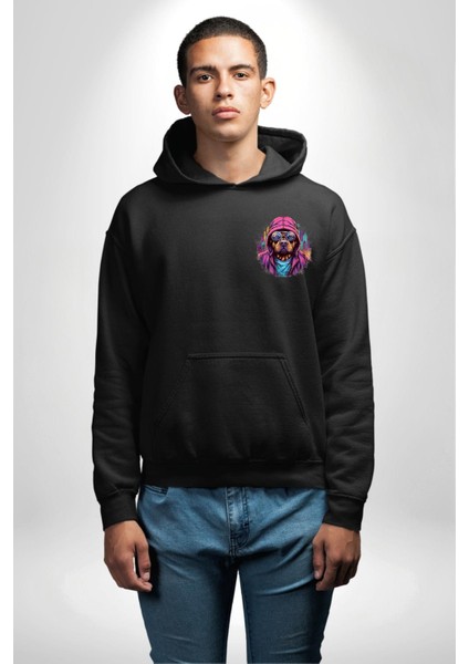 Graffiti Sokak Sanatı Köpek Deseni Siyah Kapüşonlu Sweatshirt Kadın Erkek Ön Minimal Sırt Baskılı indirimleri