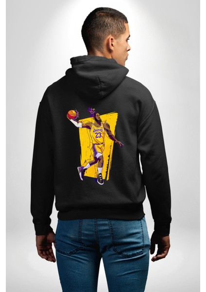 Basketbol Karikatür Özel Tasarım Siyah Kapüşonlu Sweatshirt Kadın Erkek Ön Minimal Sırt Baskılı indirimleri