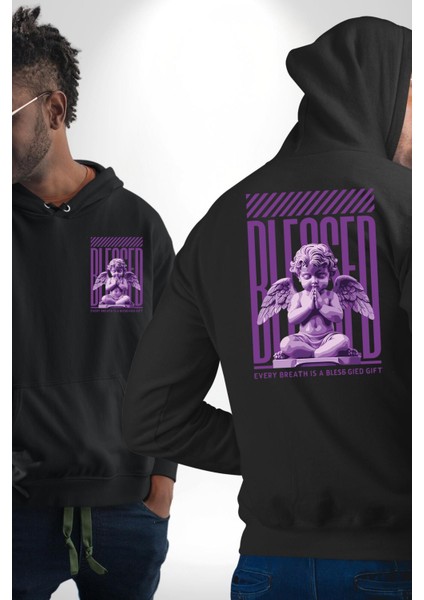 Her Nefes Mutlu Bir Hediyedir Yazılı Melek Siyah Kapüşonlu Sweatshirt Kadın Erkek Ön Minimal Sırt Baskılı