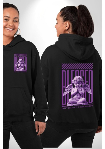 Her Nefes Mutlu Bir Hediyedir Yazılı Melek Siyah Kapüşonlu Sweatshirt Kadın Erkek Ön Minimal Sırt Baskılı fırsatları